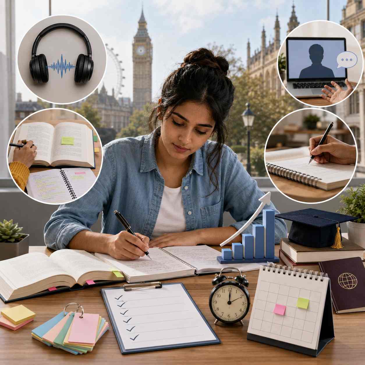 Student preparing for a high IELTS score for UK MBA applications using practice tests, writing exercises, listening practice and study planning.